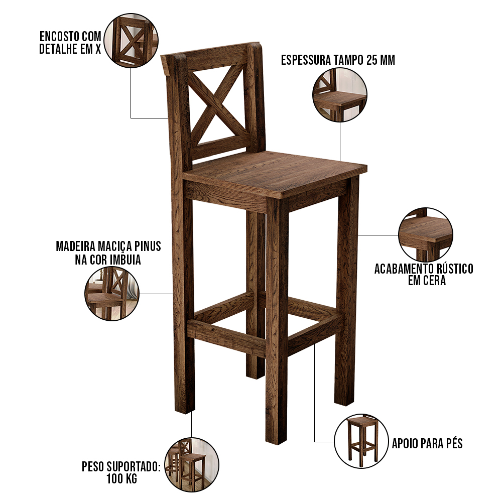 Banqueta Alta Rústica Com Encosto Arizona Base Fixa de Madeira Maciça Pinus W02 Imbuia - Lyam Decor