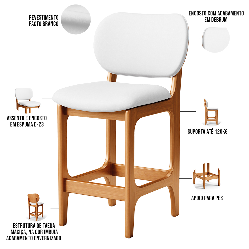 Banqueta Baixa Bar Cozinha E Sala De Jantar Fixa Betta L02 Imbuia Facto Branco - Lyam Decor