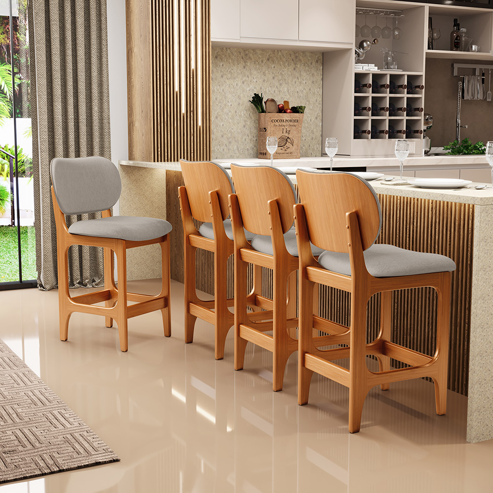 Banqueta Baixa Bar Cozinha E Sala De Jantar Fixa Betta L02 Imbuia Linho Bege - Lyam Decor