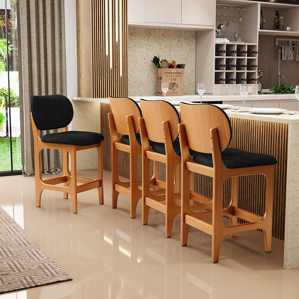Banqueta Baixa Bar Cozinha E Sala De Jantar Fixa Betta L02 Imbuia Linho Chumbo - Lyam Decor
