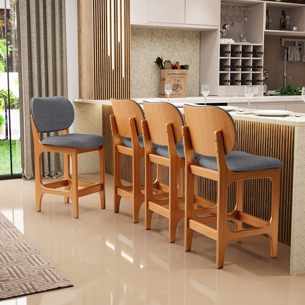 Banqueta Baixa Bar Cozinha E Sala De Jantar Fixa Betta L02 Imbuia Linho Cinza Escuro - Lyam Decor