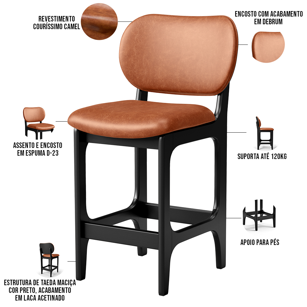 Banqueta Baixa Bar Cozinha E Sala De Jantar Fixa Betta L02 Preto Couríssimo Camel - Lyam Decor