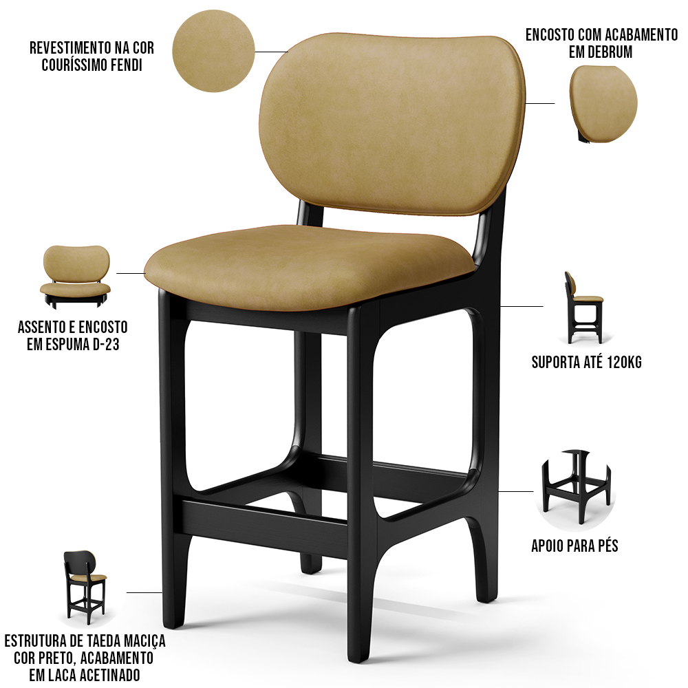Banqueta Baixa Bar Cozinha E Sala De Jantar Fixa Betta L02 Preto Couríssimo Casco Fendi - Lyam Decor