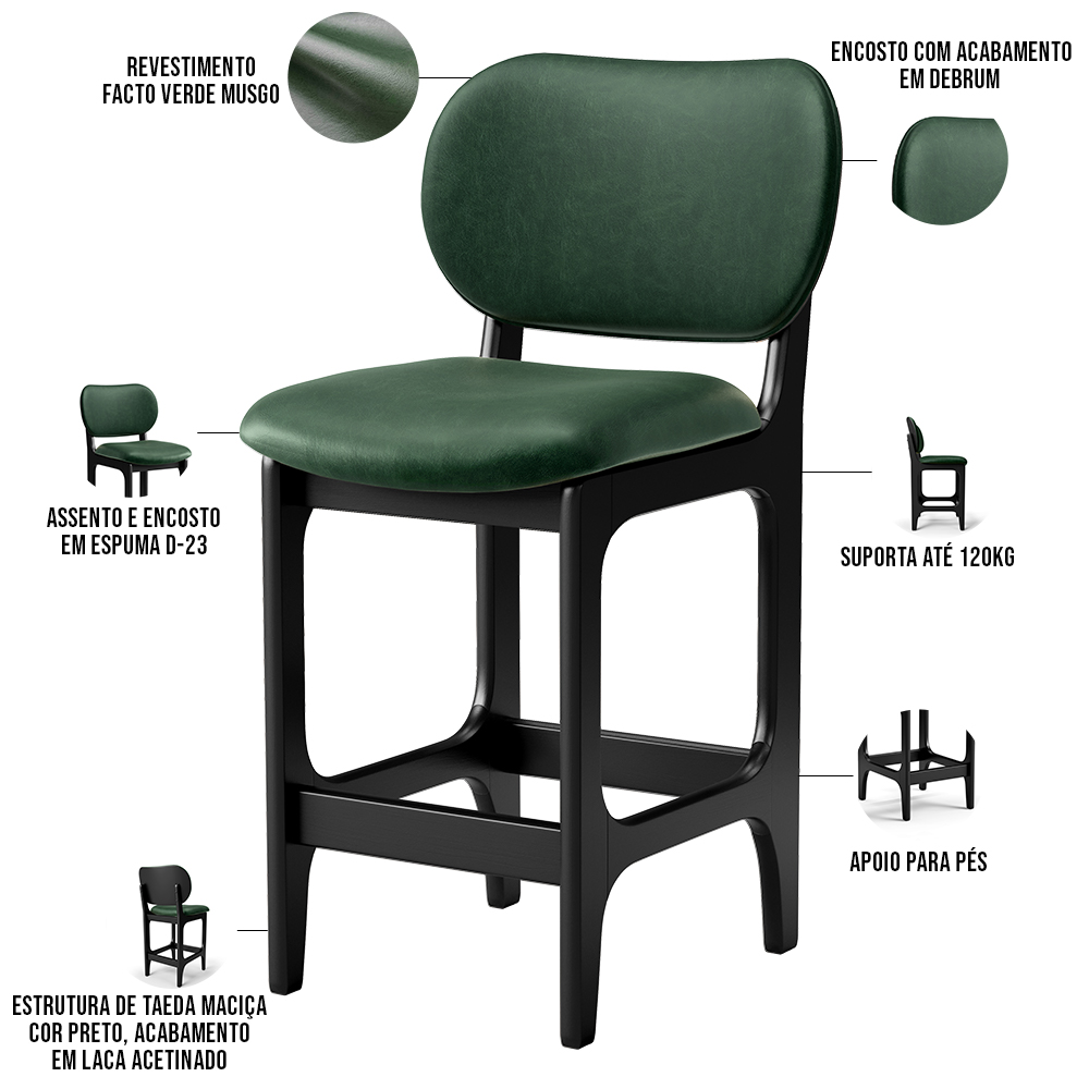 Banqueta Baixa Bar Cozinha E Sala De Jantar Fixa Betta L02 Preto Facto Verde Musgo - Lyam Decor