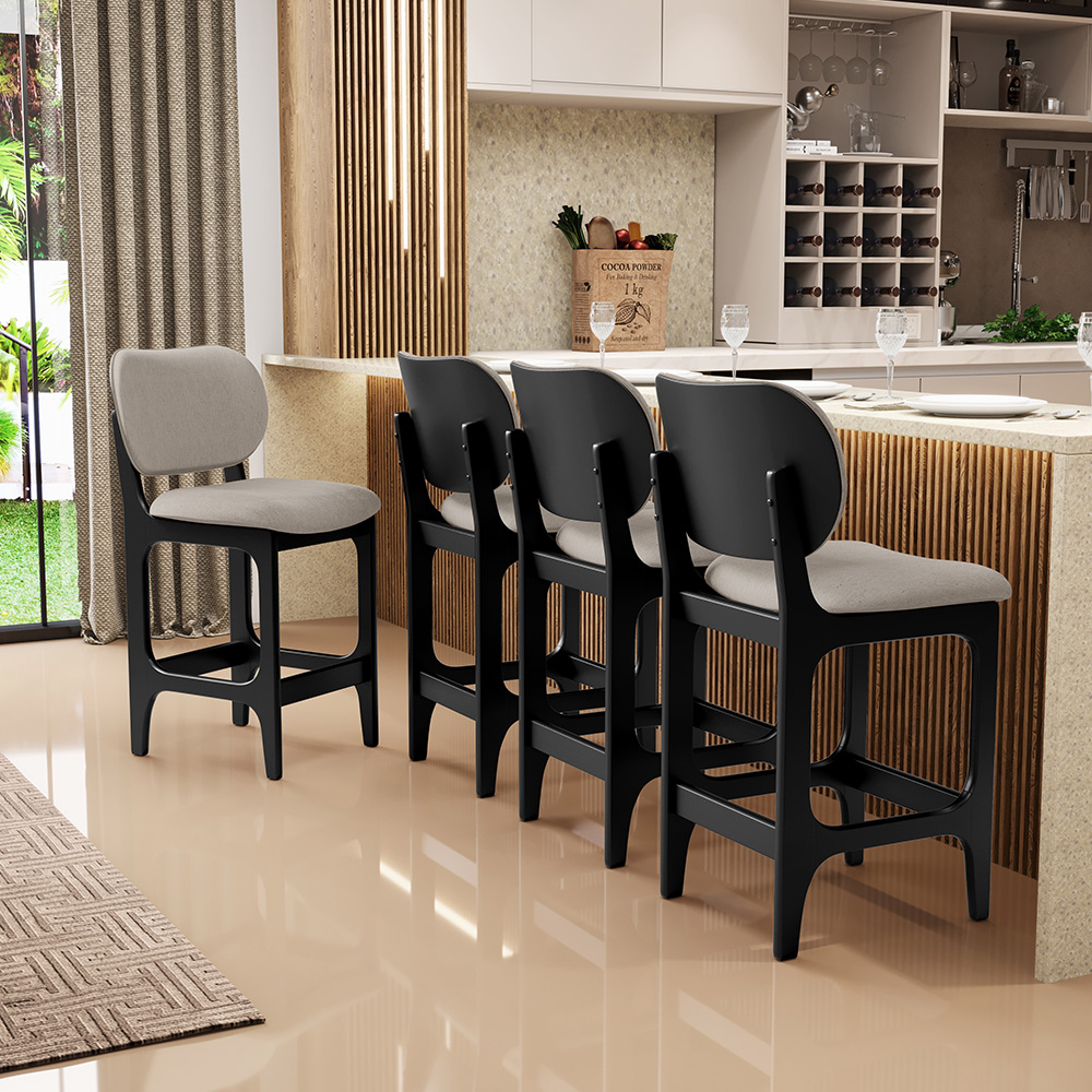 Banqueta Baixa Bar Cozinha E Sala De Jantar Fixa Betta L02 Preto Linho Bege - Lyam Decor