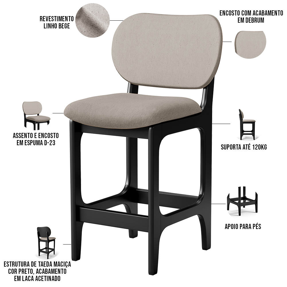 Banqueta Baixa Bar Cozinha E Sala De Jantar Fixa Betta L02 Preto Linho Bege - Lyam Decor