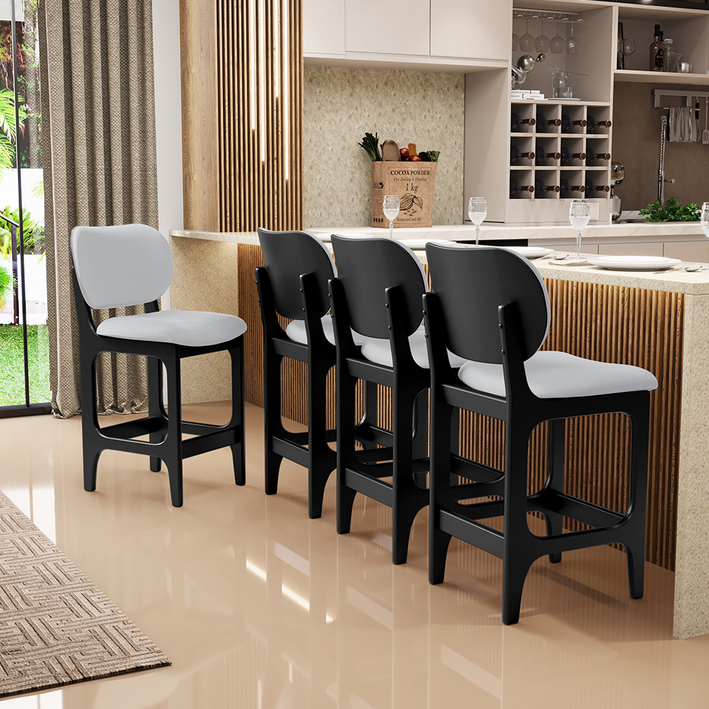 Banqueta Baixa Bar Cozinha E Sala De Jantar Fixa Betta L02 Preto Linho Cinza - Lyam Decor