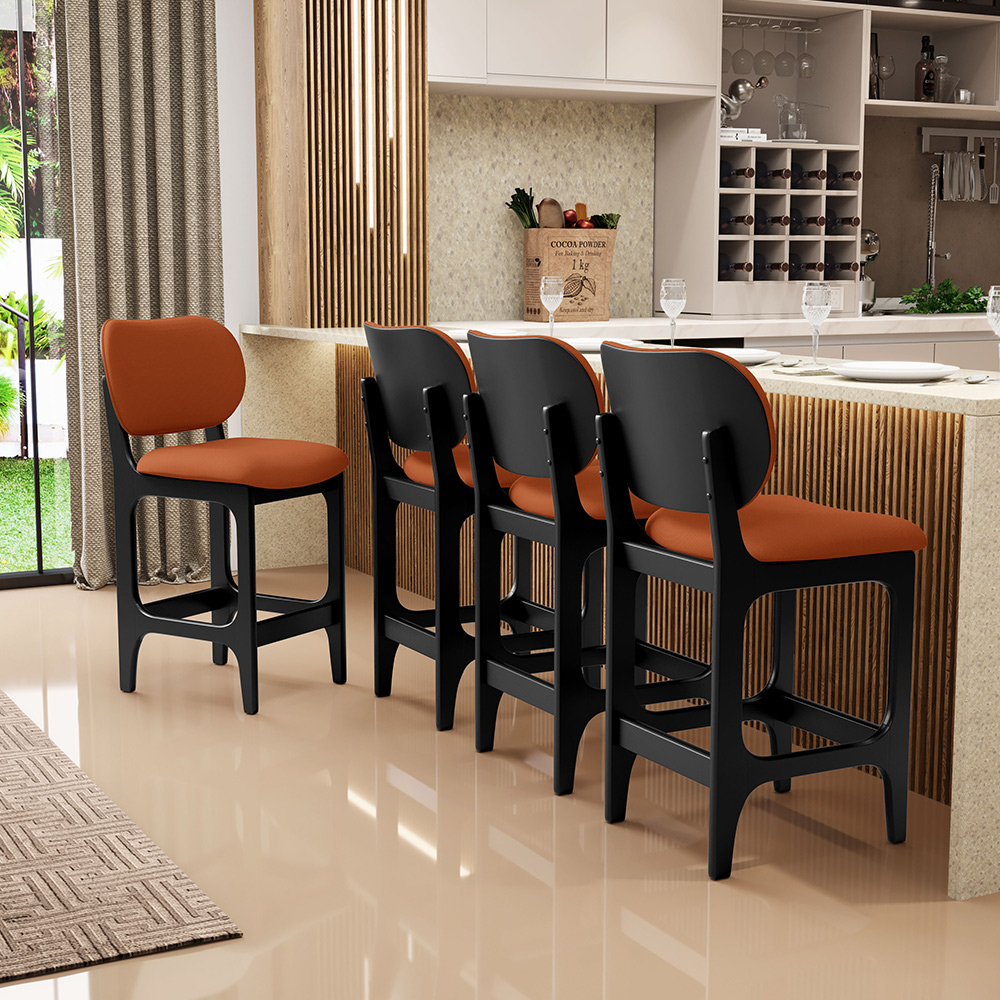 Banqueta Baixa Bar Cozinha E Sala De Jantar Fixa Betta L02 Preto Tecido Terracota - Lyam Decor
