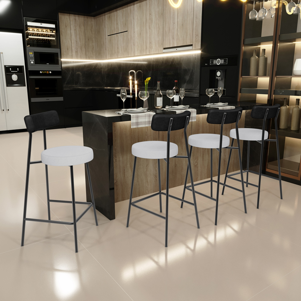 Banqueta Baixa Bar Cozinha E Sala De Jantar Milão L02 Couríssimo Preto Linho Cinza - Lyam Decor