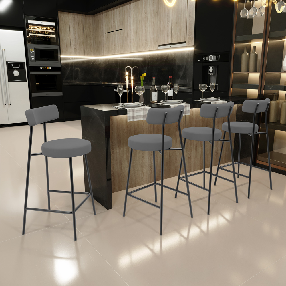Banqueta Baixa Bar Cozinha Sala De Jantar Em Aço Milão L02 Suede Cinza - Lyam Decor