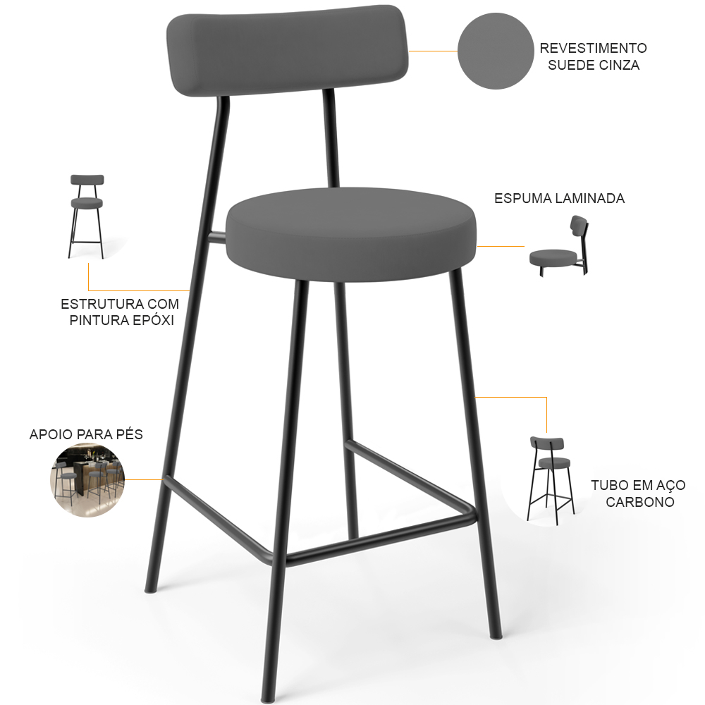 Banqueta Baixa Bar Cozinha Sala De Jantar Em Aço Milão L02 Suede Cinza - Lyam Decor