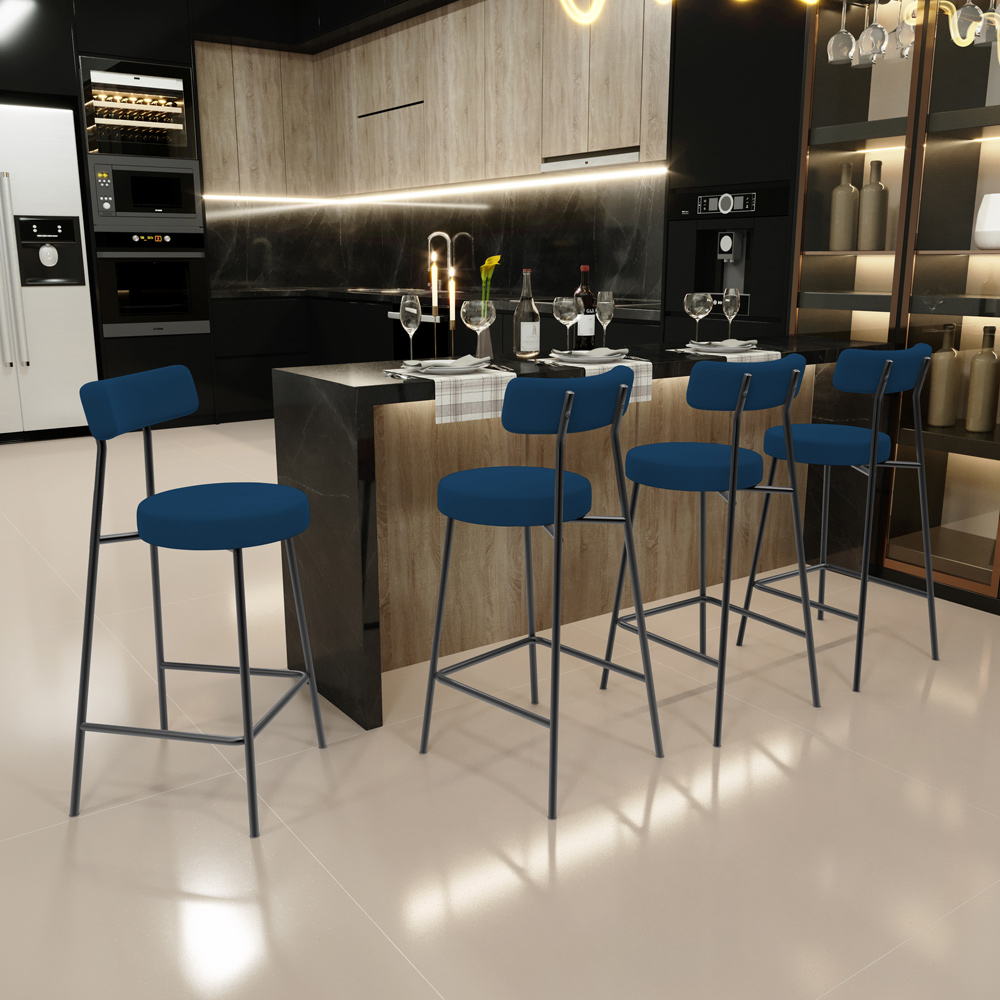 Banqueta Baixa Bar Cozinha Sala De Jantar Estrutura Em Aço Milão L02 Suede Azul Marinho - Lyam Decor
