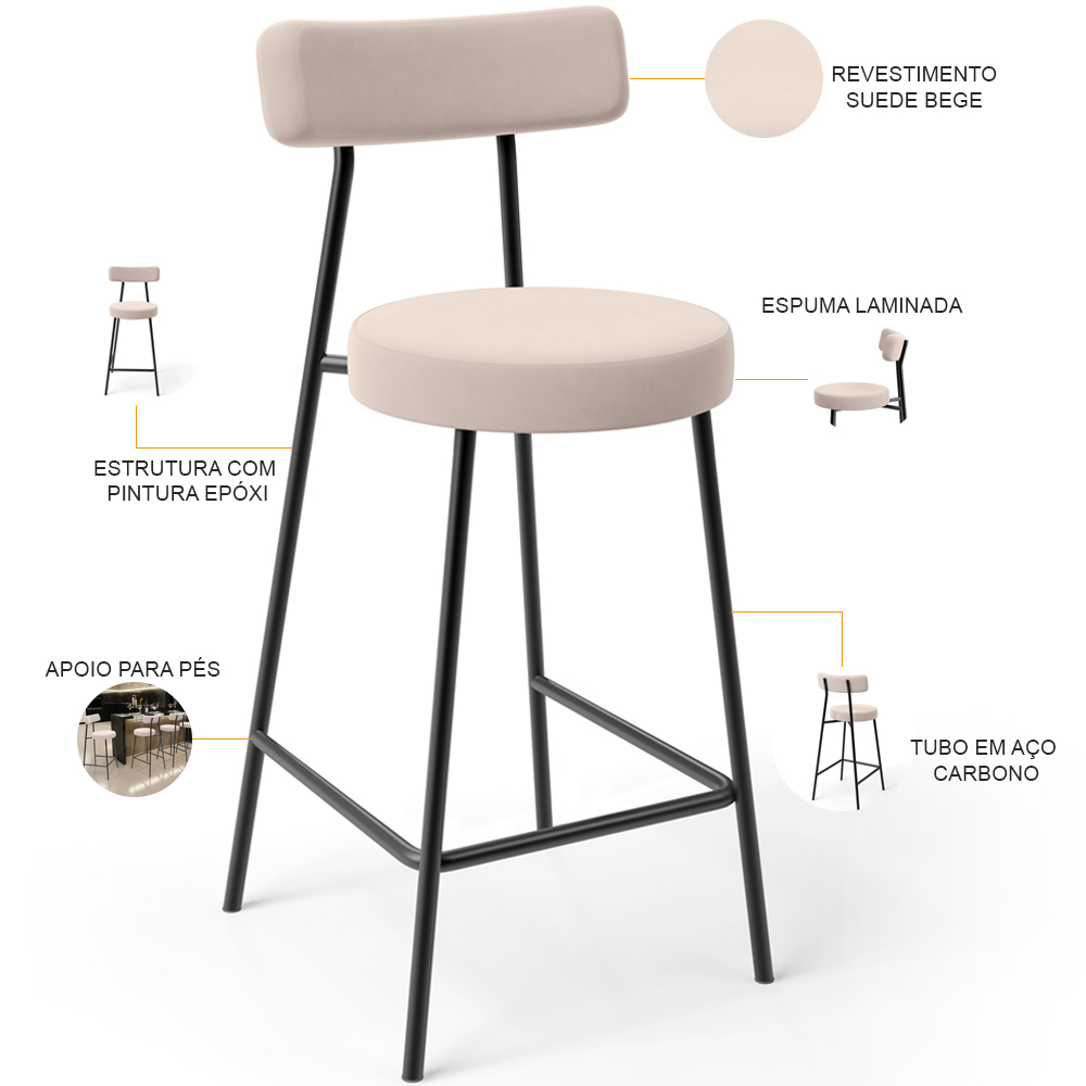Banqueta Baixa Bar Cozinha Sala De Jantar Estrutura Em Aço Milão L02 Suede Bege - Lyam Decor