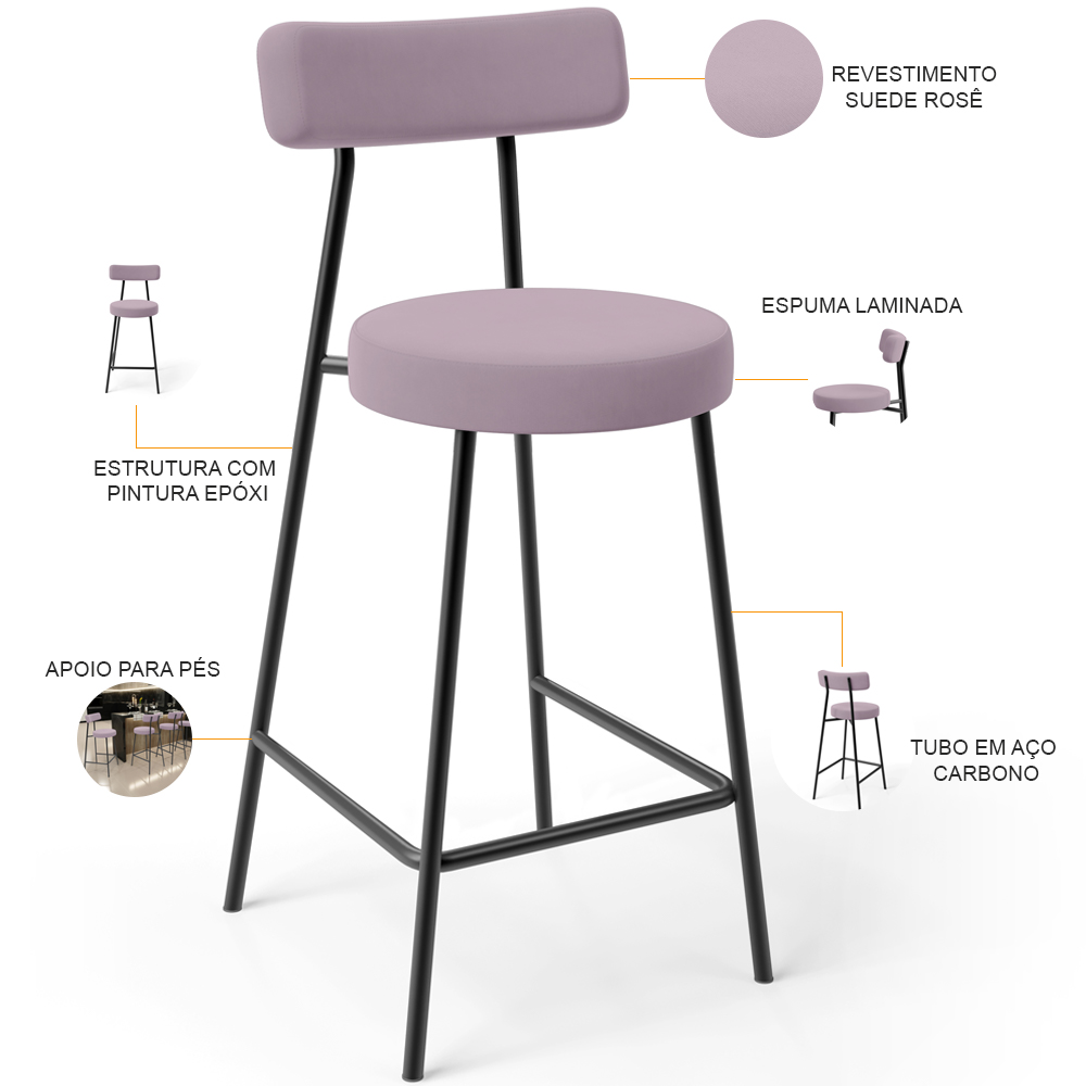 Banqueta Baixa Bar Cozinha Sala De Jantar Estrutura Em Aço Milão L02 Suede Rosê - Lyam Decor
