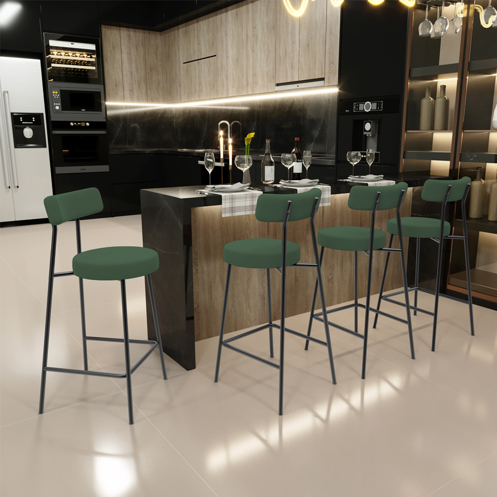 Banqueta Baixa Bar Cozinha Sala De Jantar Estrutura Em Aço Milão L02 Suede Verde Musgo - Lyam Decor