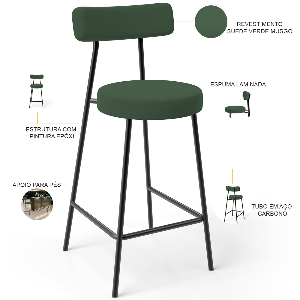 Banqueta Baixa Bar Cozinha Sala De Jantar Estrutura Em Aço Milão L02 Suede Verde Musgo - Lyam Decor