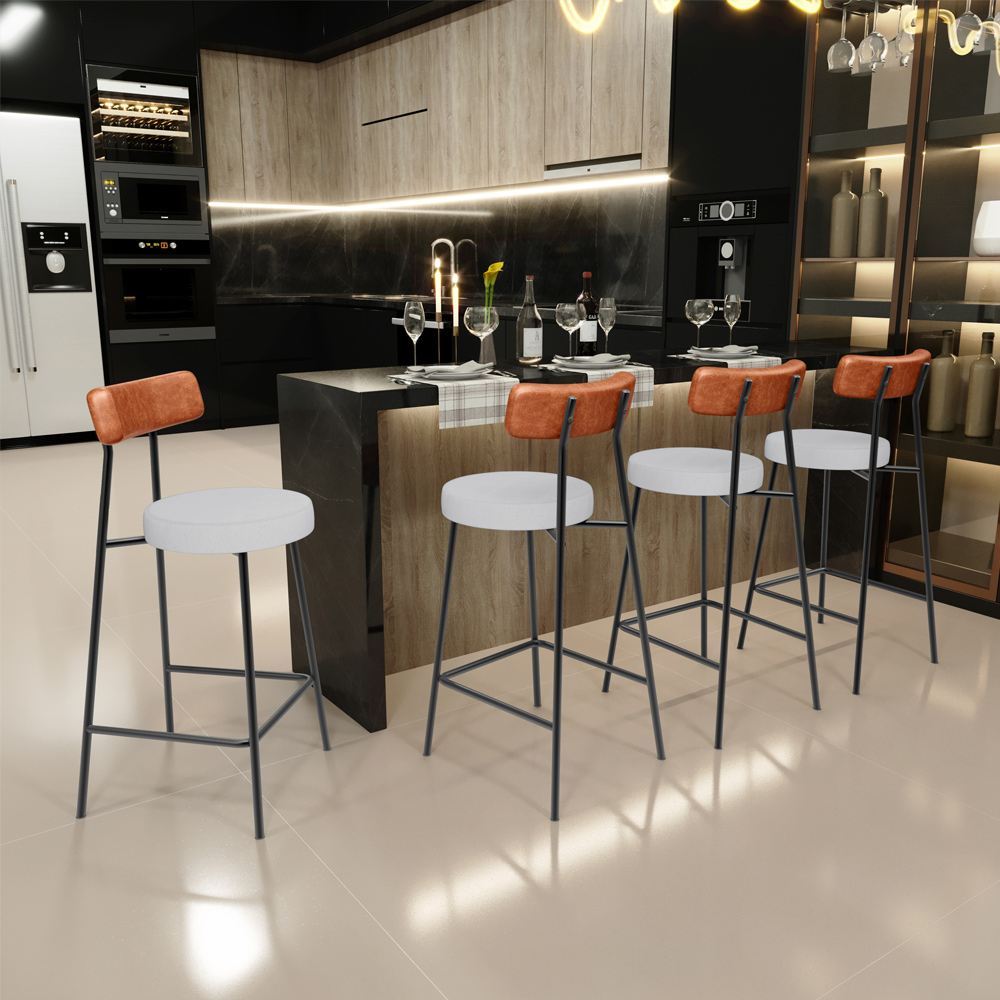 Banqueta Baixa Bar Cozinha Sala De Jantar Milão L02 Couríssimo Camel Linho Cinza  - Lyam Decor