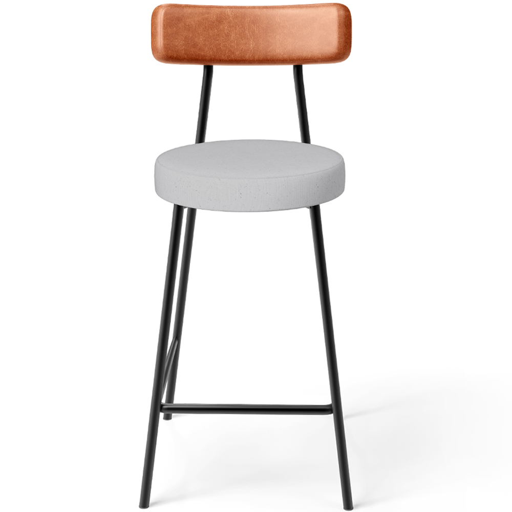 Banqueta Baixa Bar Cozinha Sala De Jantar Milão L02 Couríssimo Camel Linho Cinza  - Lyam Decor