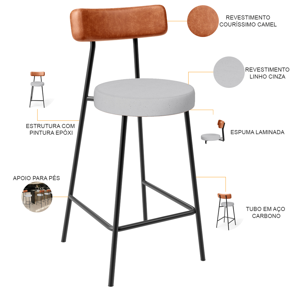 Banqueta Baixa Bar Cozinha Sala De Jantar Milão L02 Couríssimo Camel Linho Cinza  - Lyam Decor
