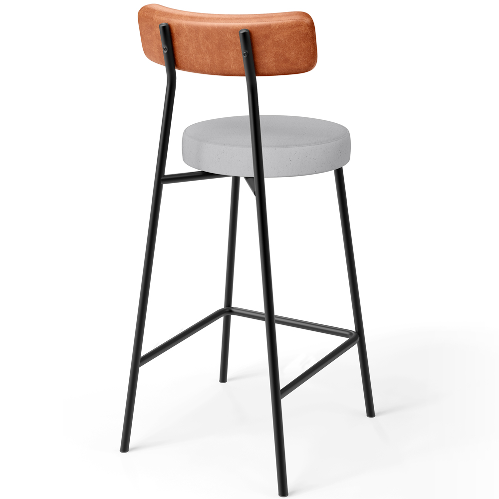 Banqueta Baixa Bar Cozinha Sala De Jantar Milão L02 Couríssimo Camel Linho Cinza  - Lyam Decor