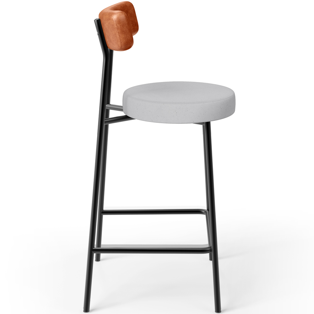 Banqueta Baixa Bar Cozinha Sala De Jantar Milão L02 Couríssimo Camel Linho Cinza  - Lyam Decor