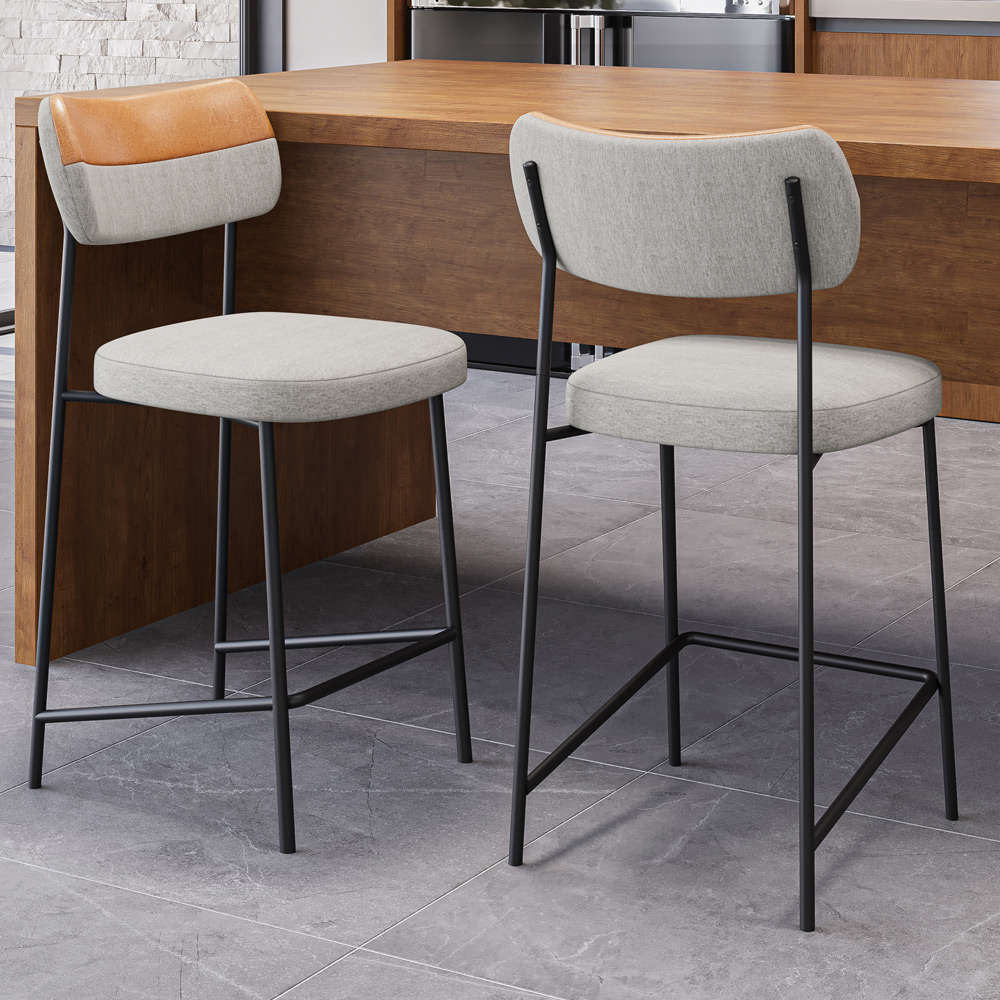 Banqueta Baixa Bar Cozinha Sala De Jantar Preto Elira L02 Couríssimo Whisky Linho Cinza - Lyam Decor