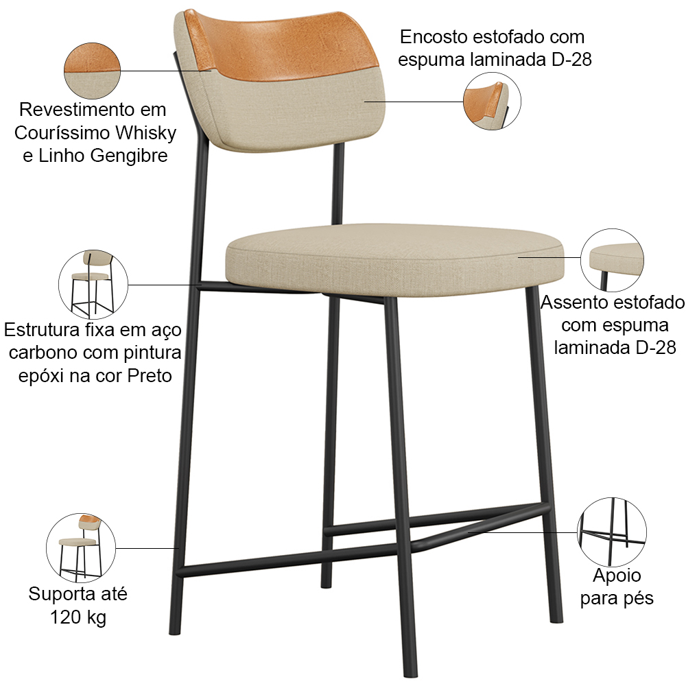 Banqueta Baixa Bar Cozinha Sala De Jantar Whisky Elira L02 Couríssimo Whisky Linho Bege - Lyam Decor