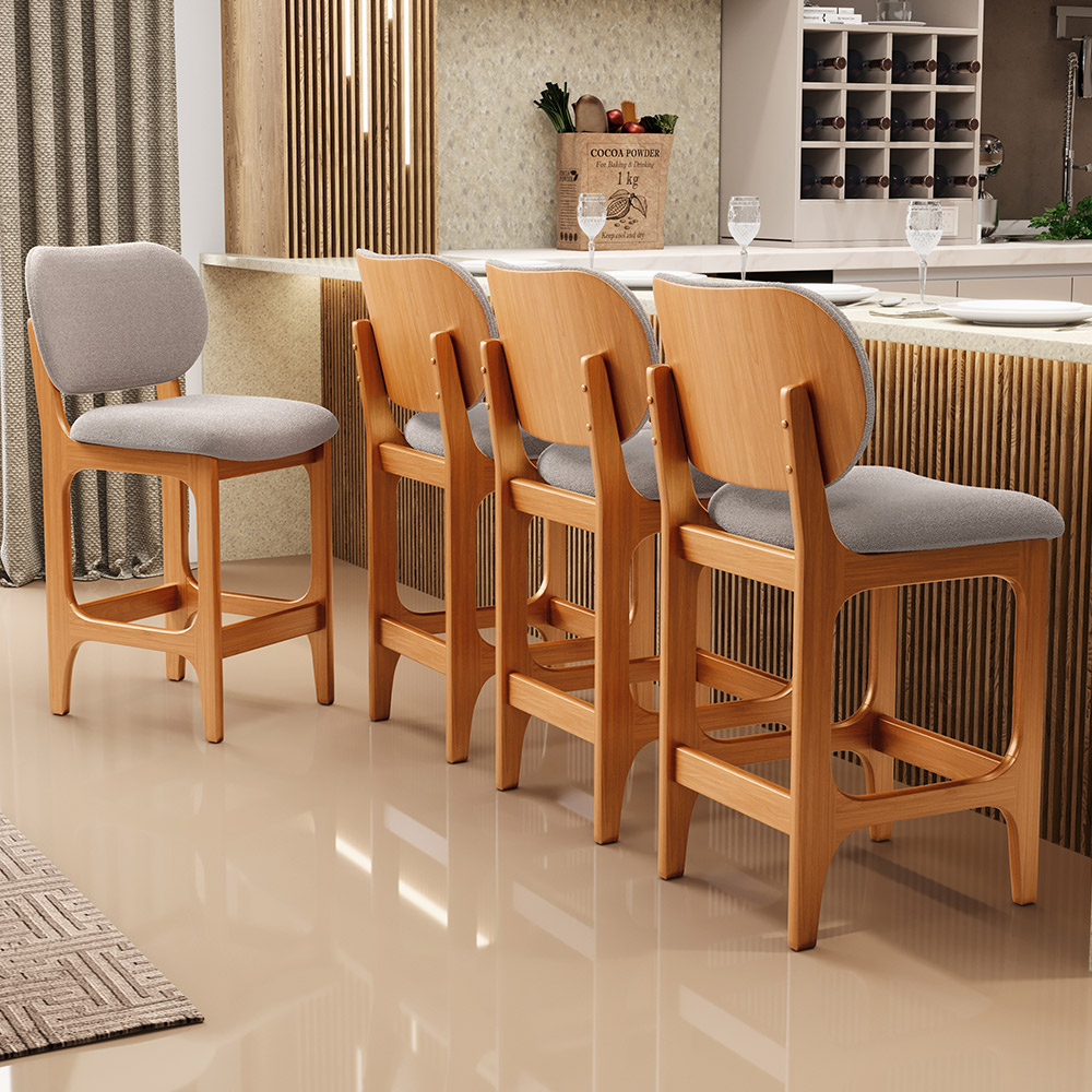 Banqueta Baixa Bar Cozinha e Sala De Jantar Fixa Betta L02 Imbuia Bouclê Bege - Lyam Decor