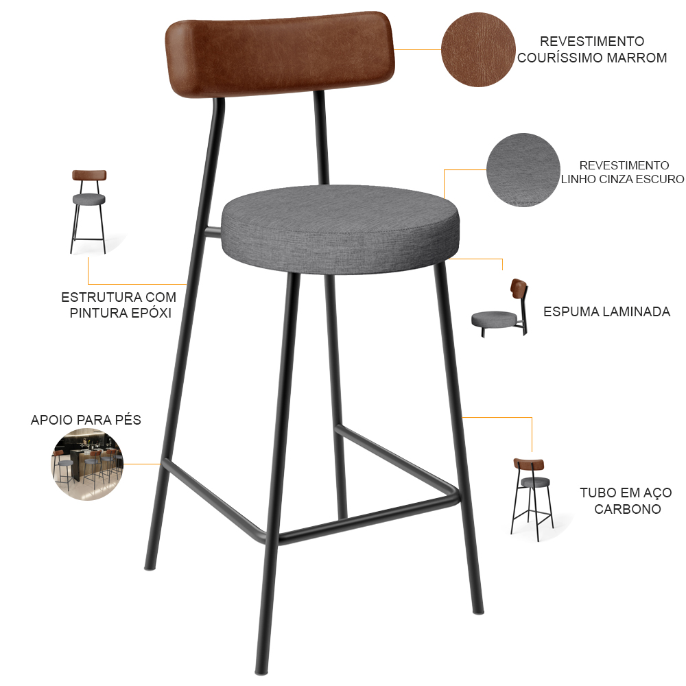 Banqueta Baixa Cozinha Sala De Jantar Bancada Milão L02 Couríssimo Marrom Cinza Escuro - Lyam Decor