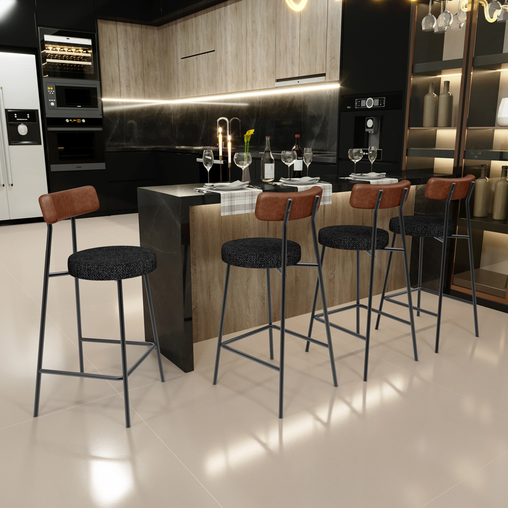 Banqueta Baixa Cozinha Sala De Jantar Bancada Milão L02 Couríssimo Marrom Linho Chumbo - Lyam Decor
