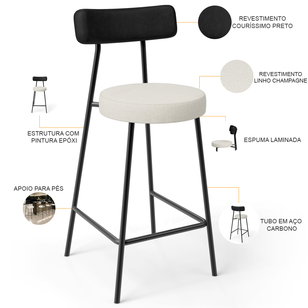 Banqueta Baixa Cozinha Sala De Jantar Milão L02 Couríssimo Preto Linho Champagne - Lyam Decor