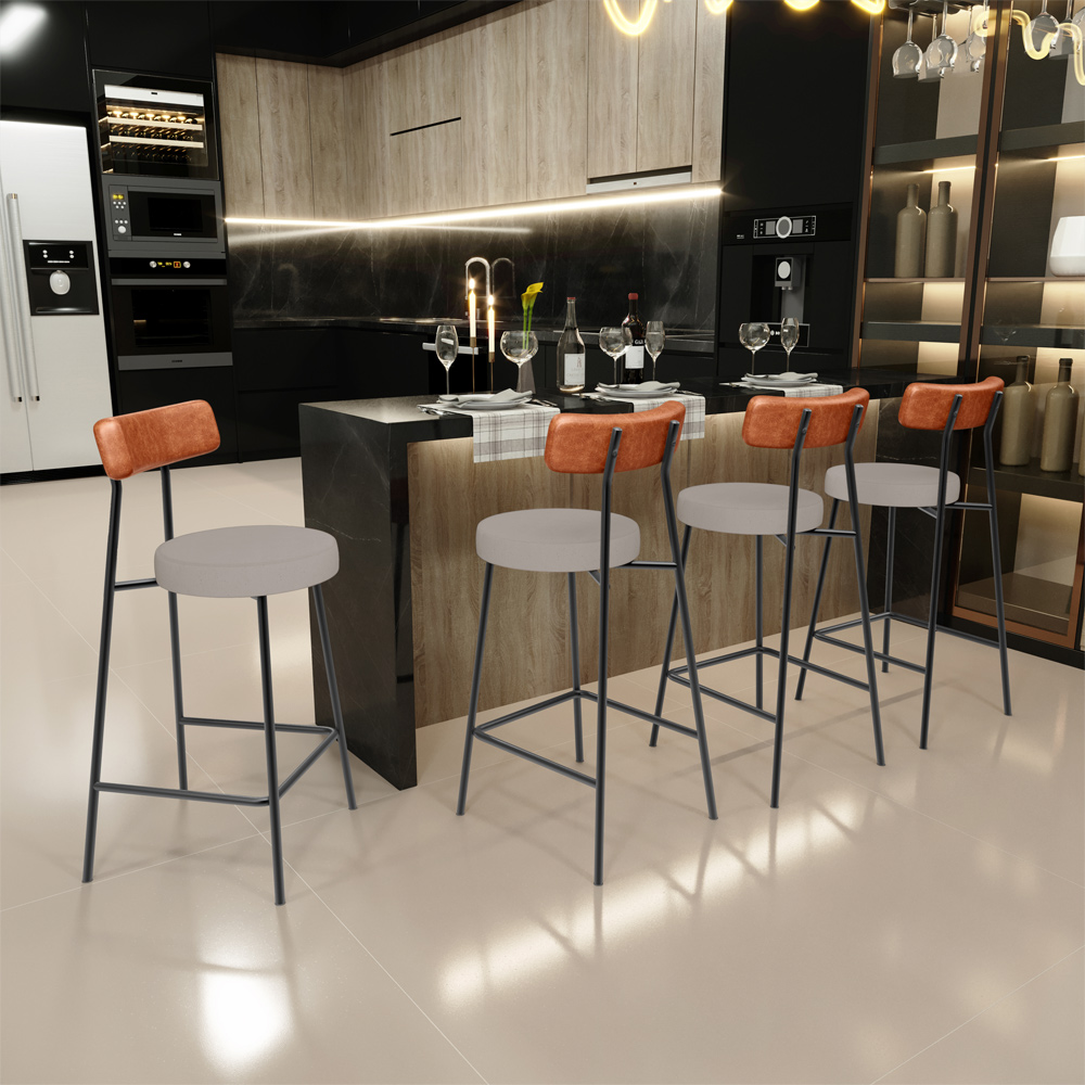 Banqueta Baixa Cozinha Sala Jantar Bancada Milão L02 Couríssimo Camel Linho Bege - Lyam Decor