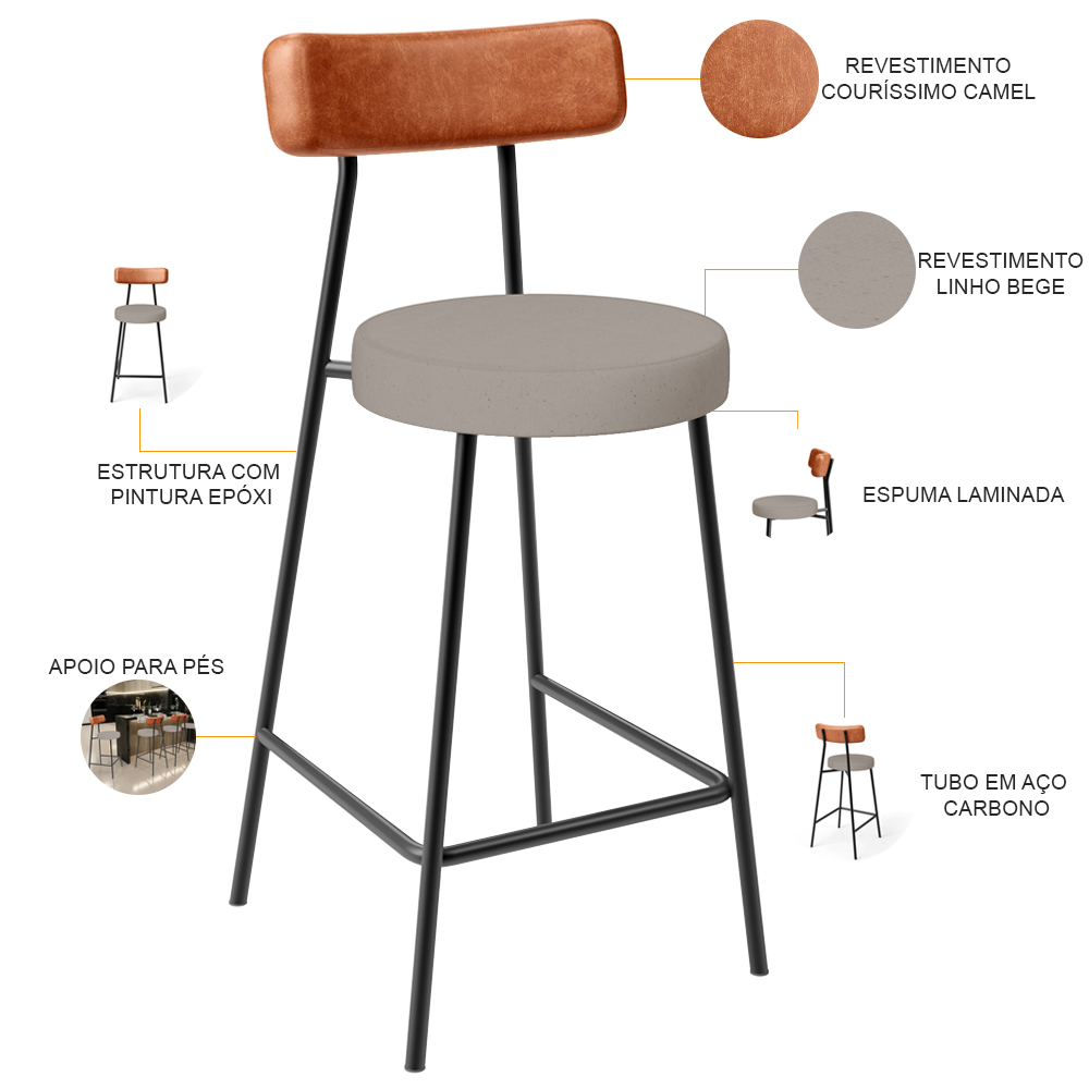 Banqueta Baixa Cozinha Sala Jantar Bancada Milão L02 Couríssimo Camel Linho Bege - Lyam Decor