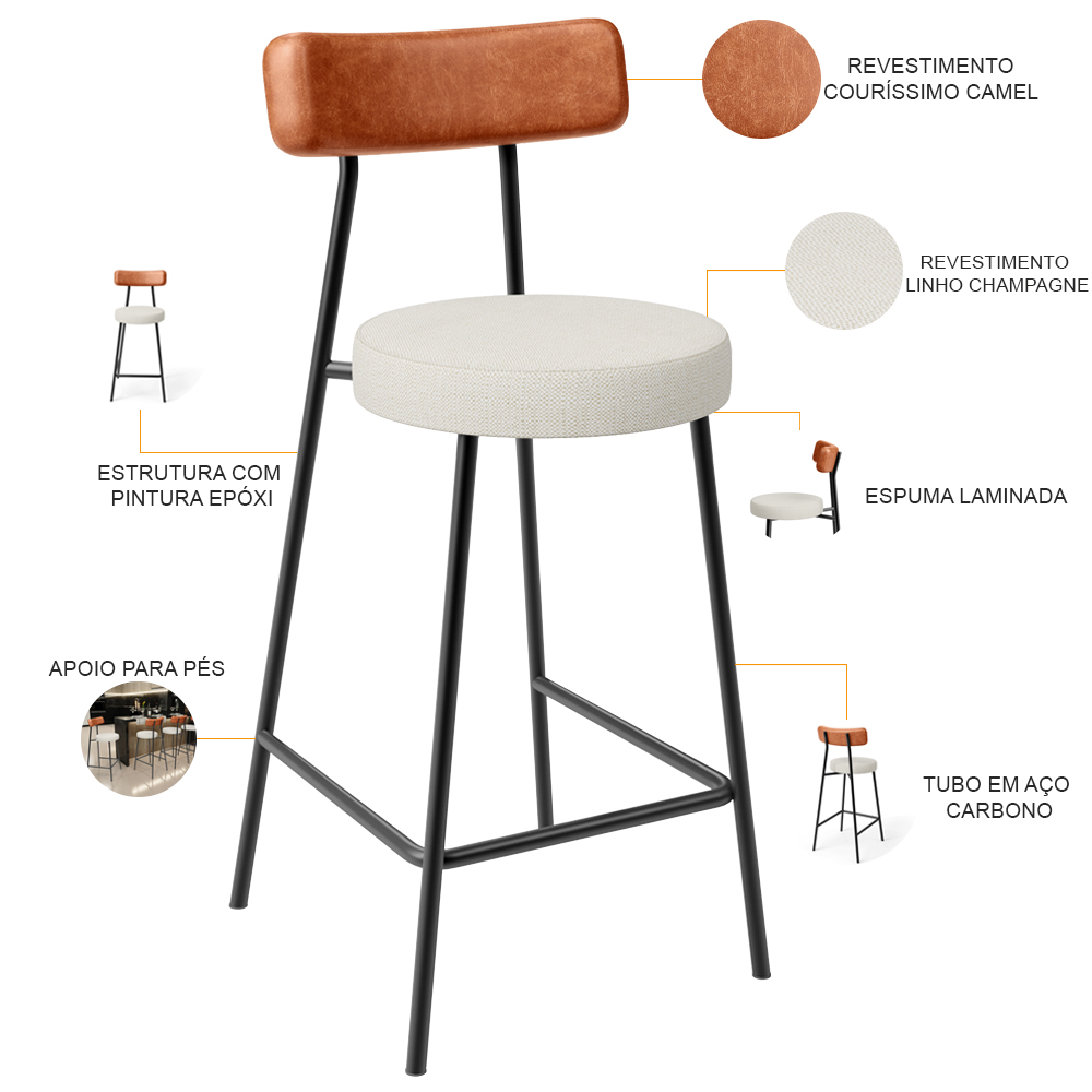 Banqueta Baixa Cozinha Sala Jantar Bancada Milão L02 Couríssimo Camel Linho Champagne - Lyam Decor