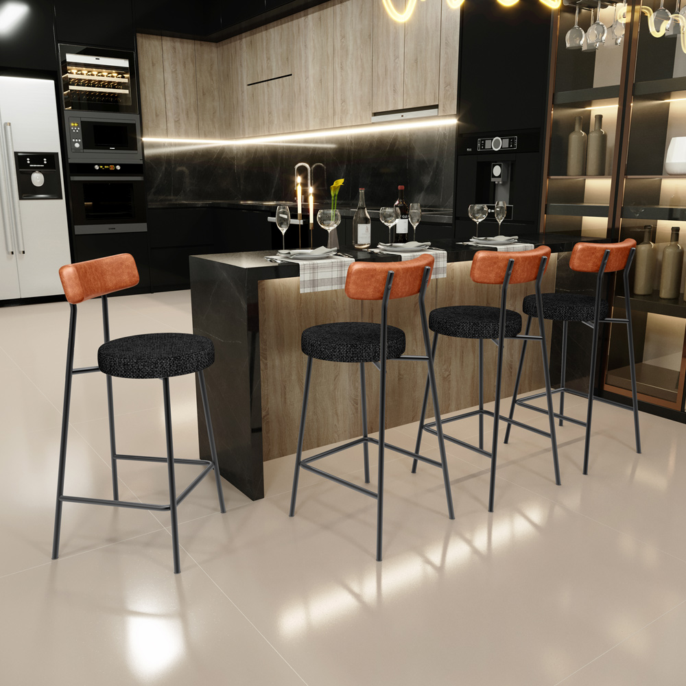 Banqueta Baixa Cozinha Sala Jantar Bancada Milão L02 Couríssimo Camel Linho Chumbo - Lyam Decor