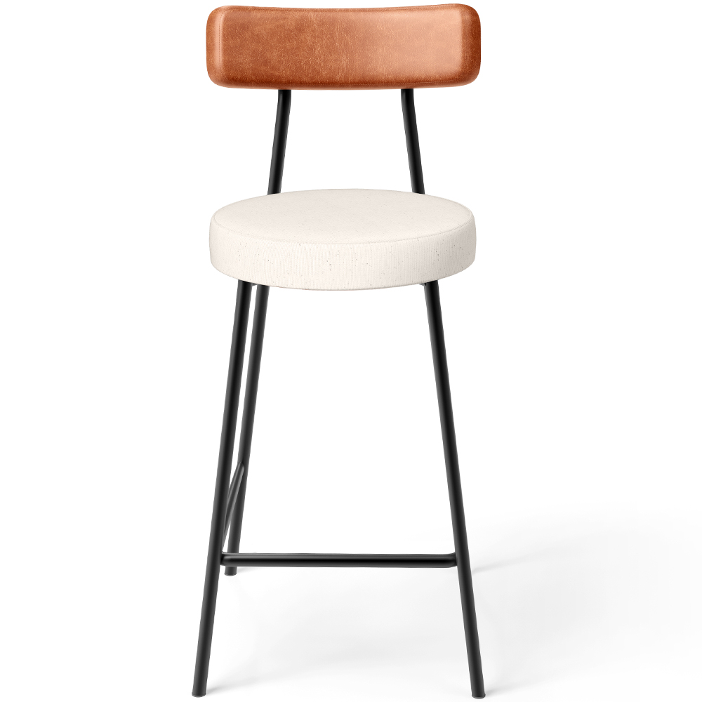 Banqueta Baixa Cozinha Sala Jantar Bancada Milão L02 Couríssimo Camel Linho Cru  - Lyam Decor