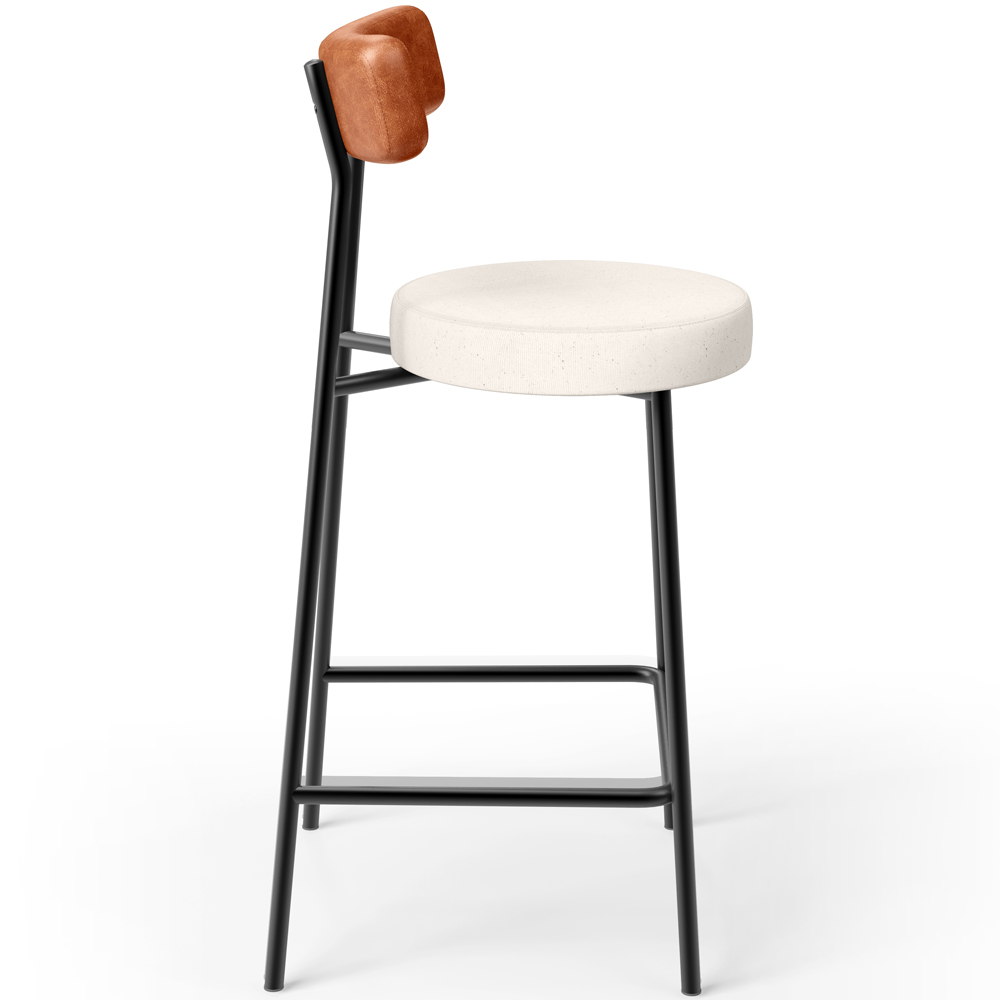 Banqueta Baixa Cozinha Sala Jantar Bancada Milão L02 Couríssimo Camel Linho Cru  - Lyam Decor