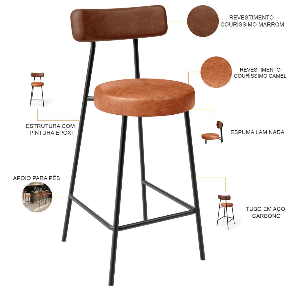 Banqueta Baixa Cozinha Sala Jantar Bancada Milão L02 Couríssimo Marrom Camel - Lyam Decor