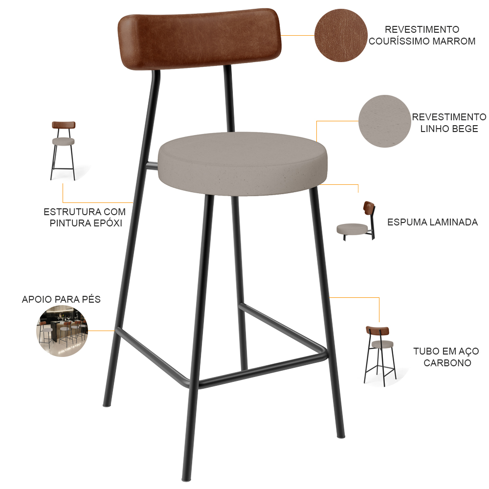 Banqueta Baixa Cozinha Sala Jantar Bancada Milão L02 Couríssimo Marrom Linho Bege - Lyam Decor
