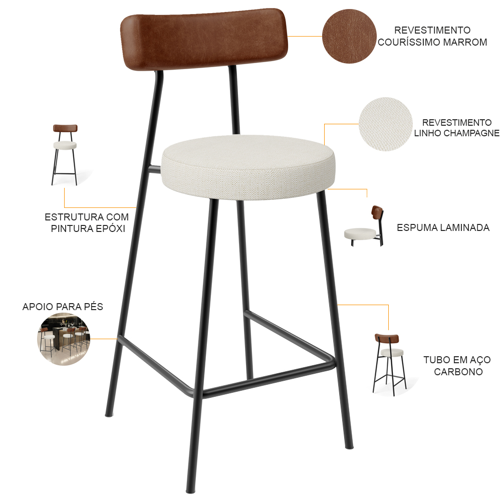 Banqueta Baixa Cozinha Sala Jantar Bancada Milão L02 Couríssimo Marrom Linho Champagne - Lyam Decor