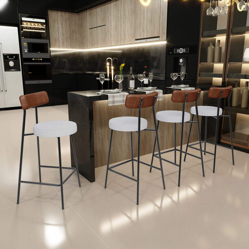 Banqueta Baixa Cozinha Sala Jantar Bancada Milão L02 Couríssimo Marrom Linho Cinza - Lyam Decor