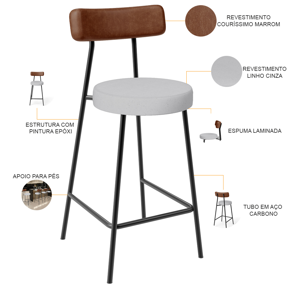Banqueta Baixa Cozinha Sala Jantar Bancada Milão L02 Couríssimo Marrom Linho Cinza - Lyam Decor