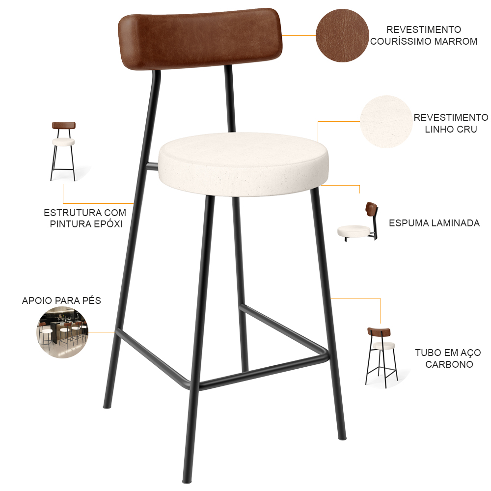 Banqueta Baixa Cozinha Sala Jantar Bancada Milão L02 Couríssimo Marrom Linho Cru - Lyam Decor
