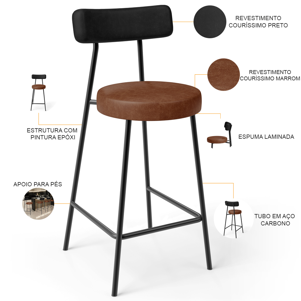 Banqueta Baixa Cozinha Sala Jantar Bancada Milão L02 Couríssimo Preto Marrom - Lyam Decor