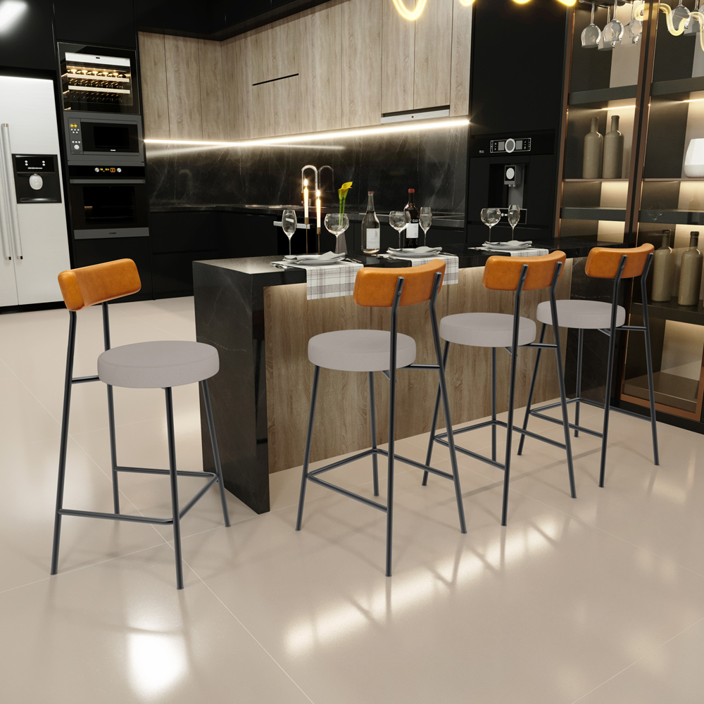 Banqueta Baixa Cozinha Sala Jantar Bancada Milão L02 Couríssimo Whisky Linho Bege - Lyam Decor