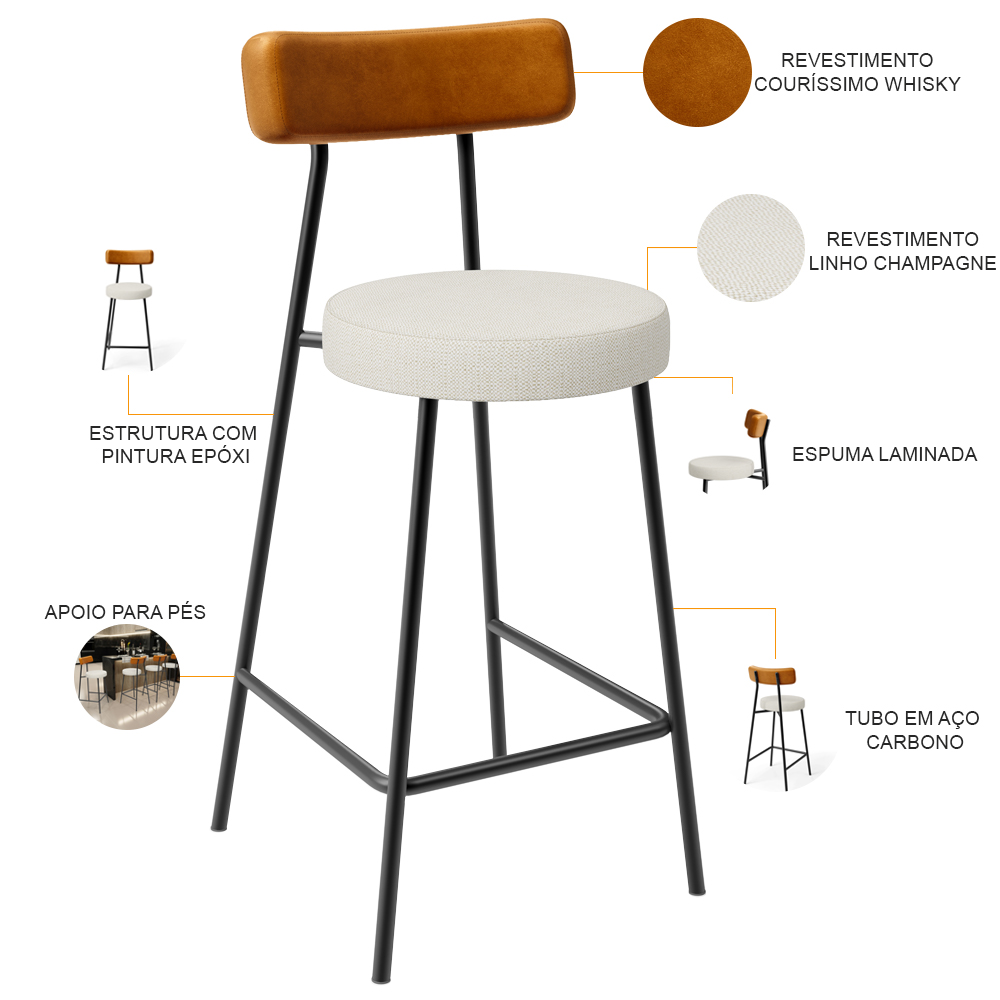 Banqueta Baixa Cozinha Sala Jantar Bancada Milão L02 Couríssimo Whisky Linho Champagne - Lyam Decor