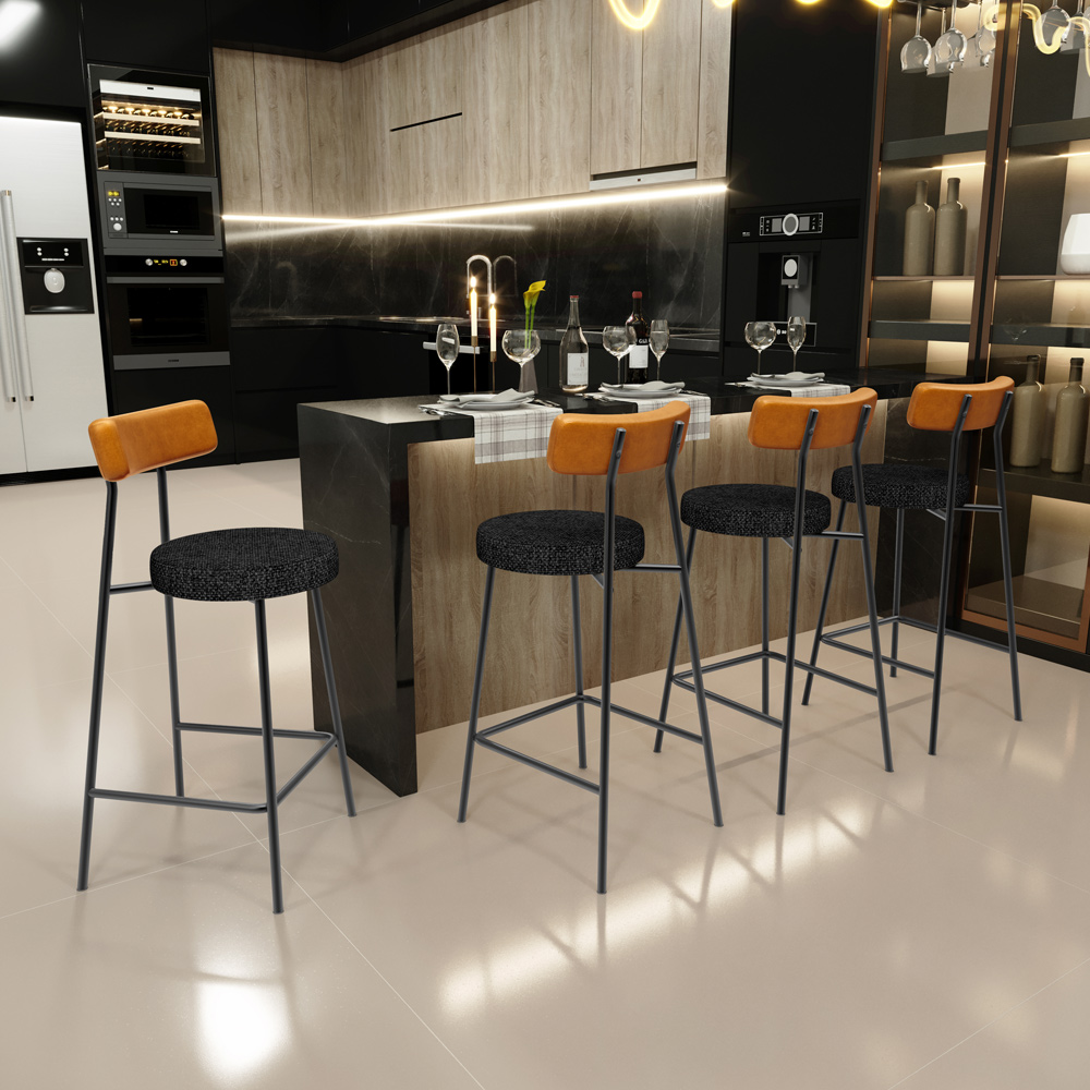 Banqueta Baixa Cozinha Sala Jantar Bancada Milão L02 Couríssimo Whisky Linho Chumbo - Lyam Decor