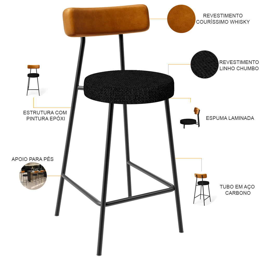 Banqueta Baixa Cozinha Sala Jantar Bancada Milão L02 Couríssimo Whisky Linho Chumbo - Lyam Decor