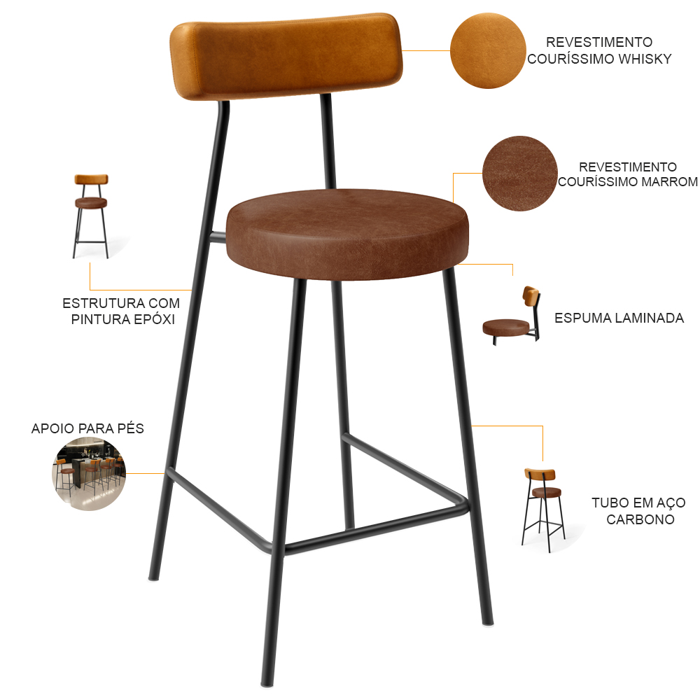 Banqueta Baixa Cozinha Sala Jantar Bancada Milão L02 Couríssimo Whisky Marrom - Lyam Decor