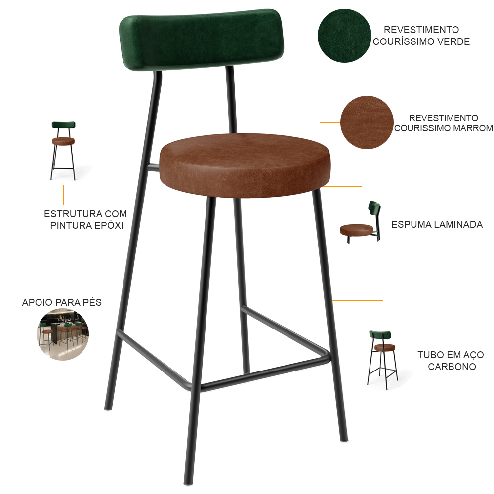 Banqueta Baixa Cozinha Sala Jantar Bancada Milão L02 Facto Verde Musgo Marrom - Lyam Decor